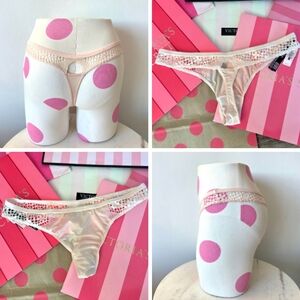 Victoria's Secret Vtg Very Sexy Satin Thong Pantt NWT Fishnet Cutout Lace